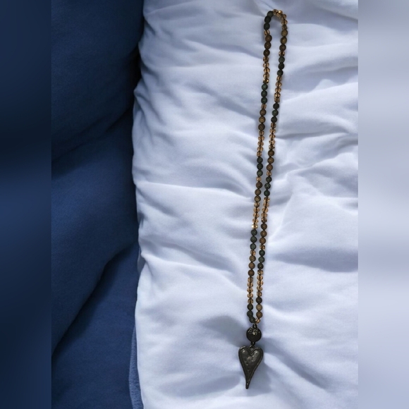 Green/Brown, Gold Beaded Long Necklace With Hammered Metal Heart - Picture 3 of 6